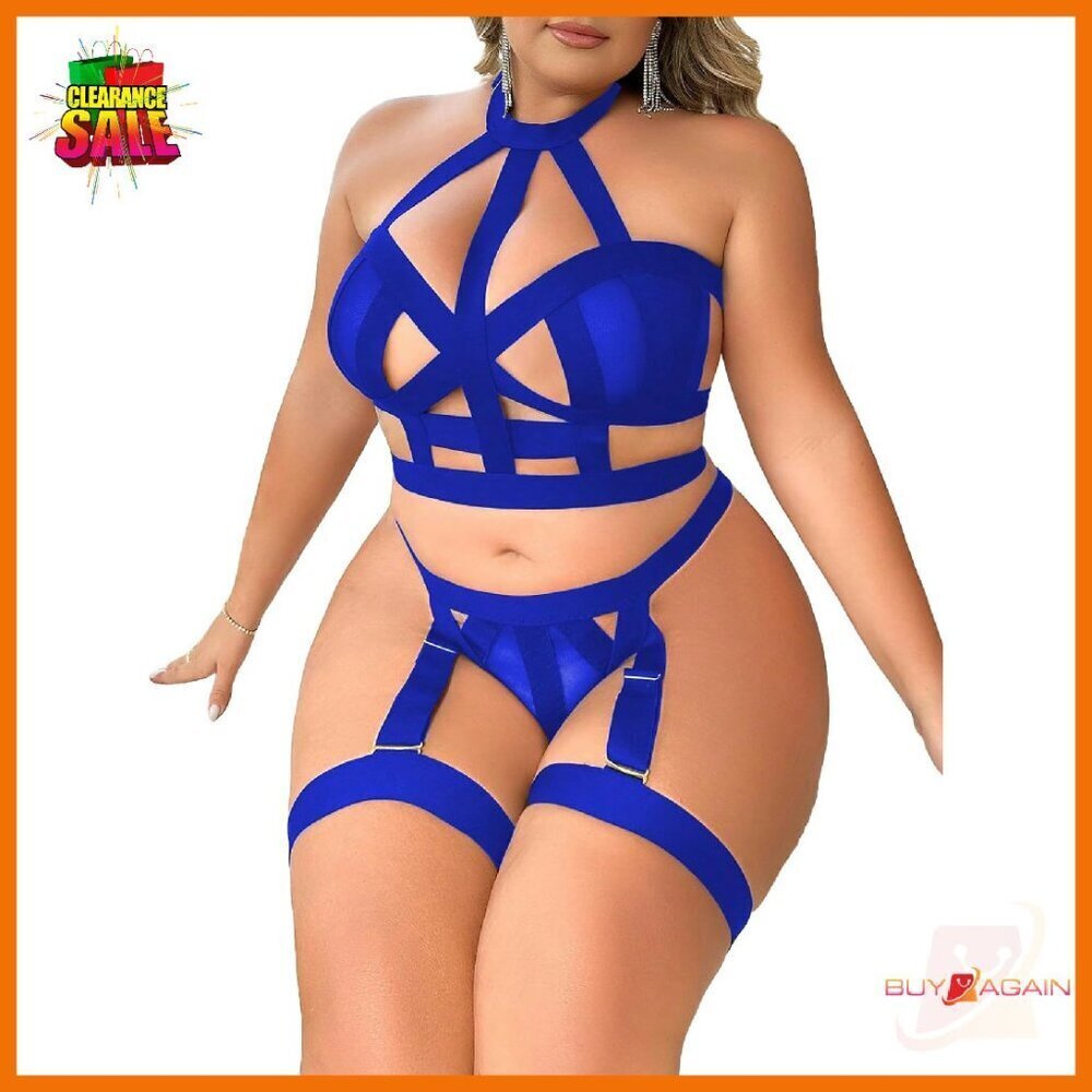 Plus Size Strappy Harness Lingerie Set with Garters, Criss Cross Bra & Thong